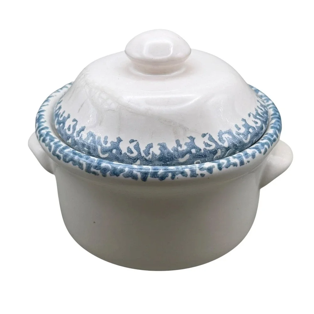Vintage Country Blue Heart Stoneware Lidded Bean Pot Sugar Bowl Farmhouse Server